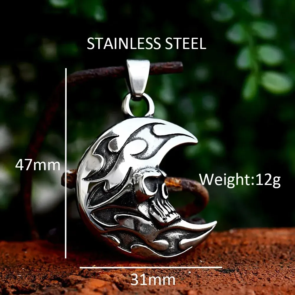 Vintage Stainless Steel Skull Moon Face Pendant Necklace