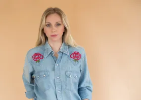 Western Rose Pearl Snap - Vintage Women’s Chambray Embroidered Shirt