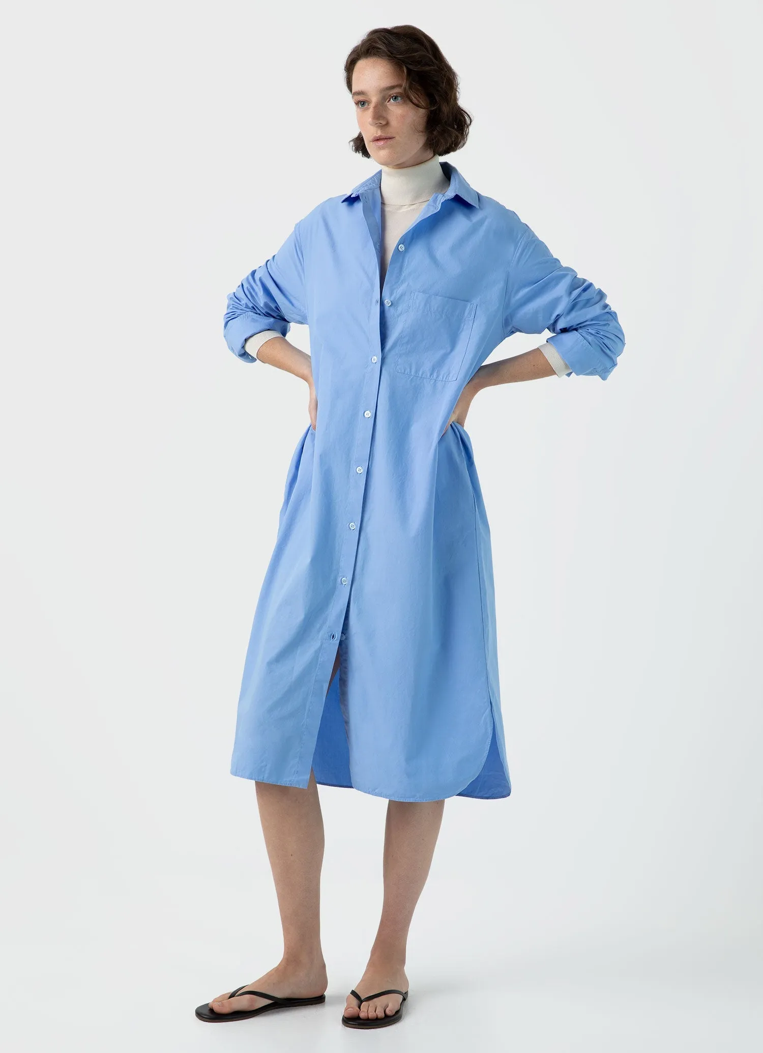 Women's Cotton Poplin Shirt Dress in Mid Blue