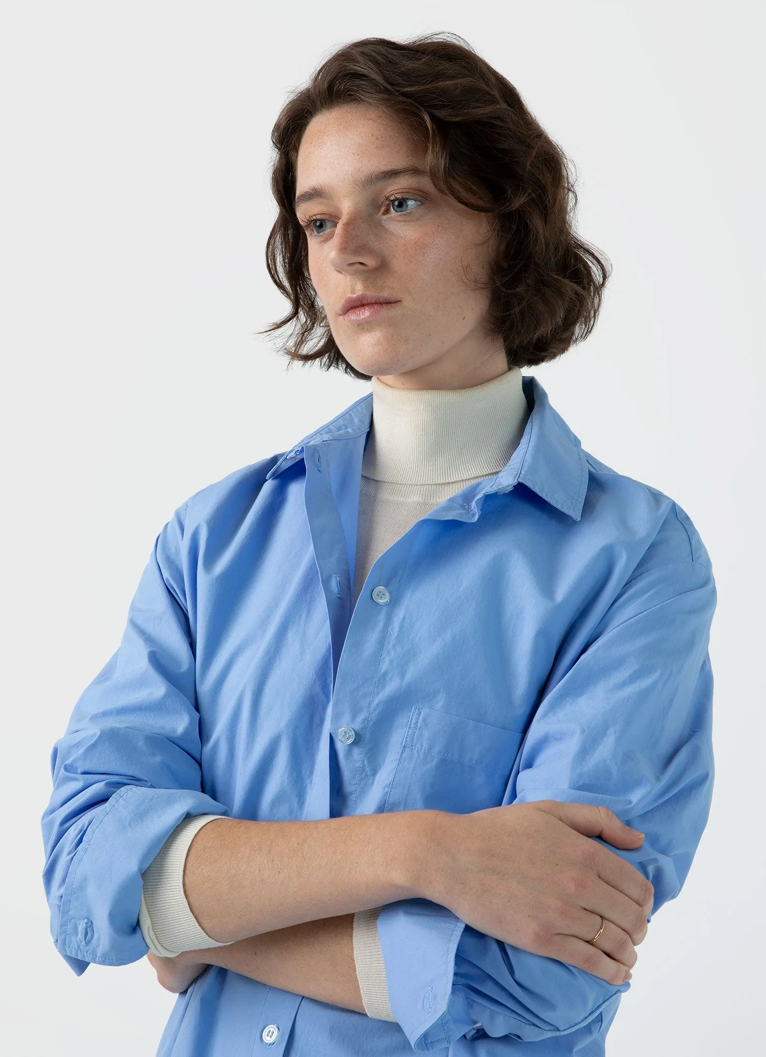 Women's Cotton Poplin Shirt Dress in Mid Blue