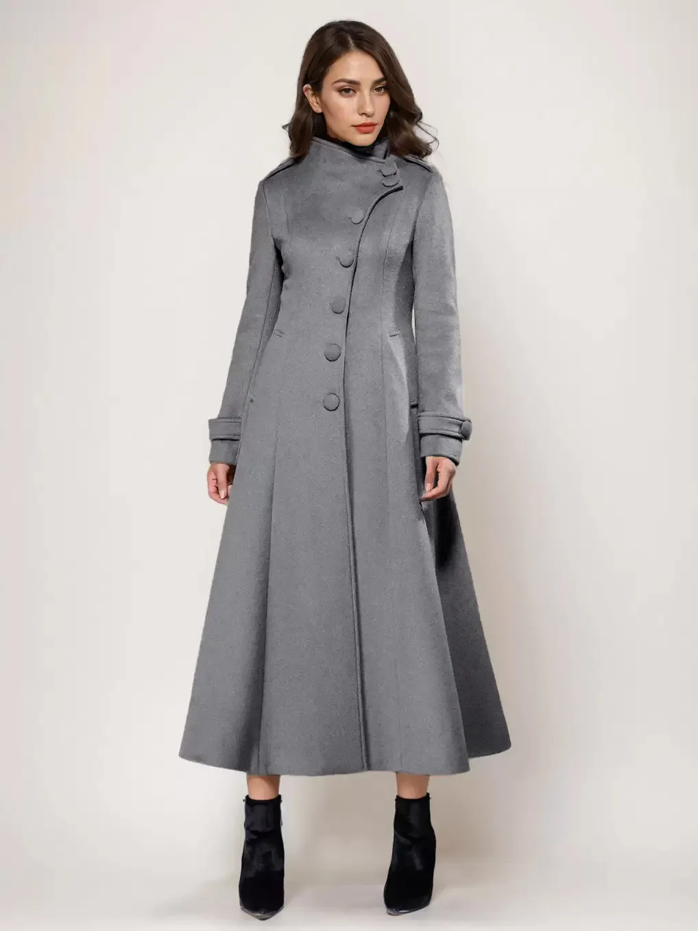 Wool Blend Long Coat A-line Flared Stand Collar Elegant Gray Vintage Winter Outerwear For Women 2025