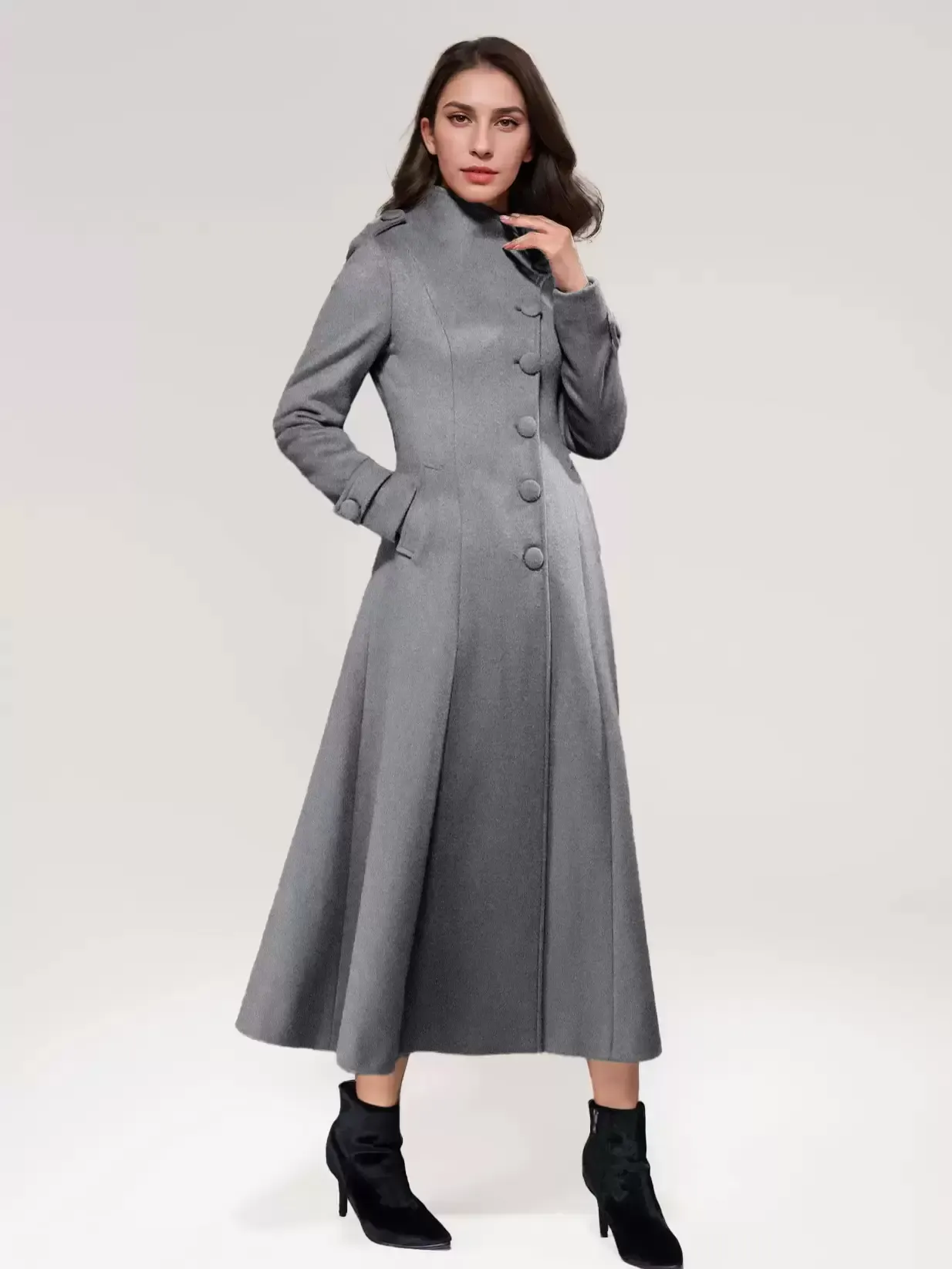 Wool Blend Long Coat A-line Flared Stand Collar Elegant Gray Vintage Winter Outerwear For Women 2025