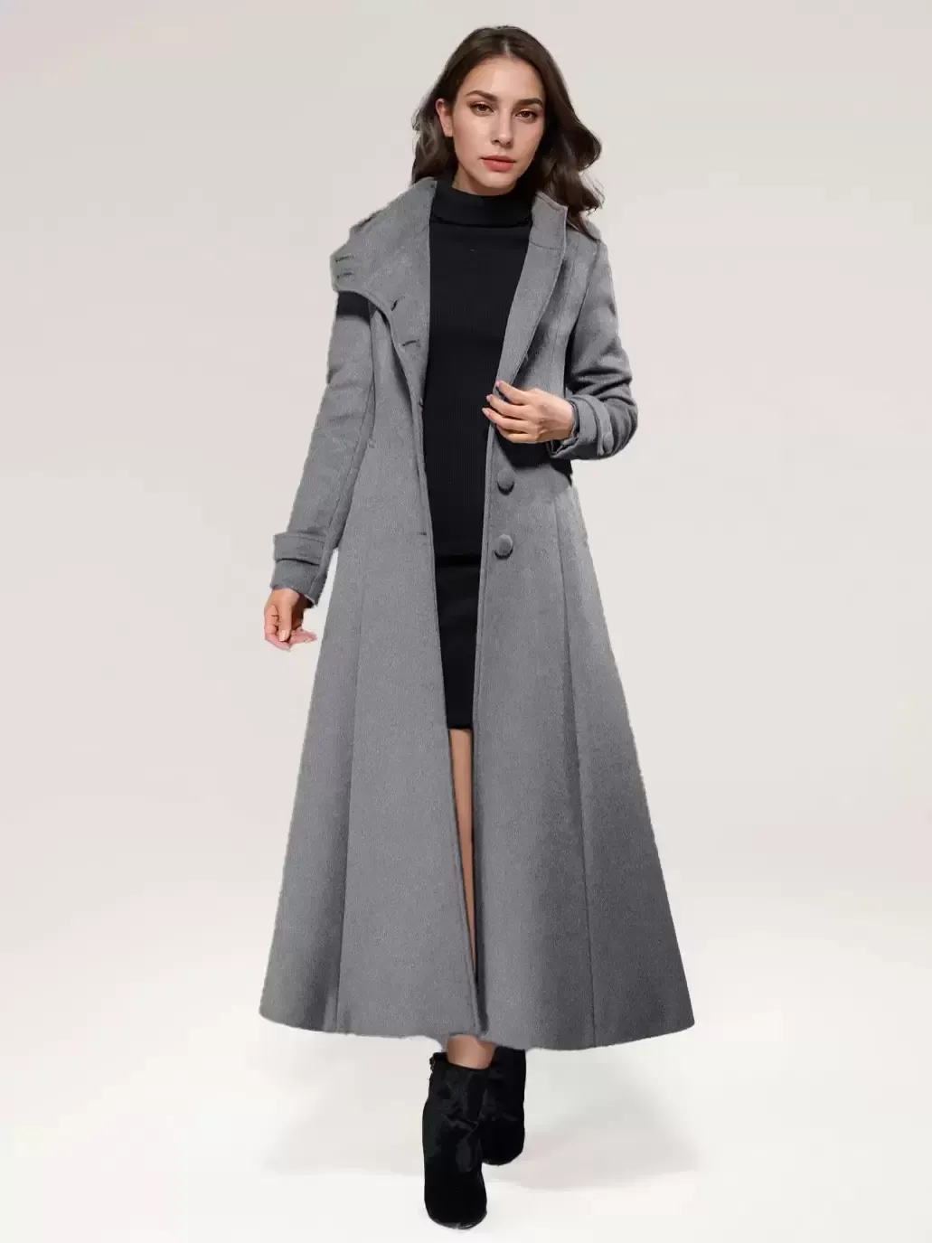 Wool Blend Long Coat A-line Flared Stand Collar Elegant Gray Vintage Winter Outerwear For Women 2025